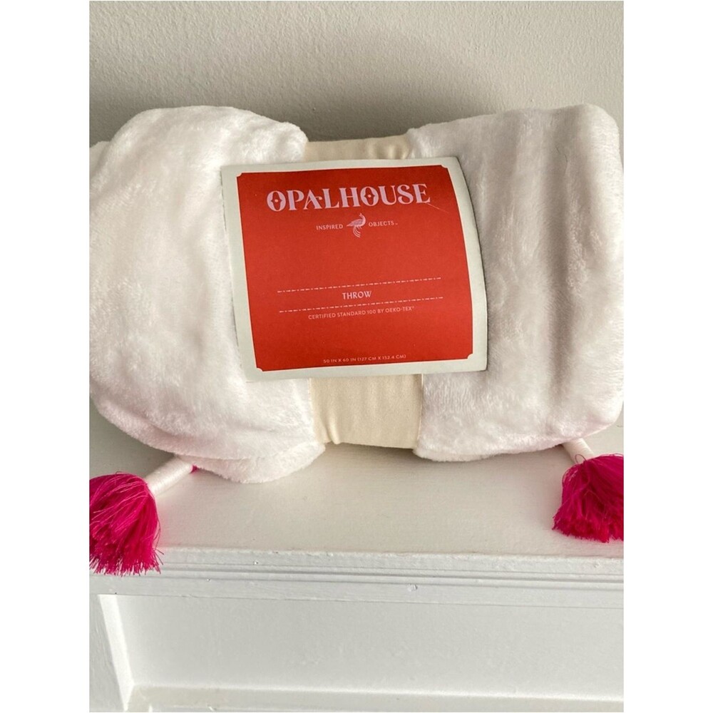 OPALHOUSE Plush Throw Blanket with Faux Fur Pom-Poms, 50" x 60" White